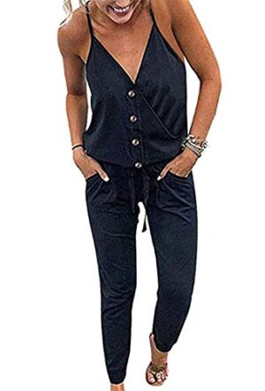 V Neck Spaghetti Strap Drawstring Waist Jumpsuit Romper