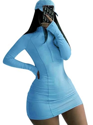 Uni Clau Blue Bodycon Dress with High Neck and Long Sleeves featuring a front zipper and thumb holes for a stylish, comfortable fit. 