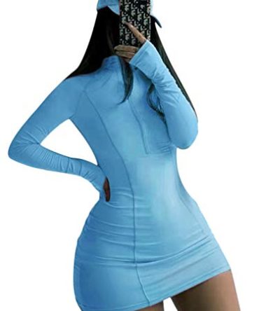Women Long Sleeve Bodycon Dress with Zipper High Neck