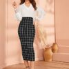 Verdusa Women's Elegant Plaid Elastic Waist Bodycon Midi Skirt