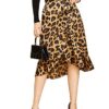 Leopard Print Ruffle Hem High Low Split A Line Midi Wrap Skirt