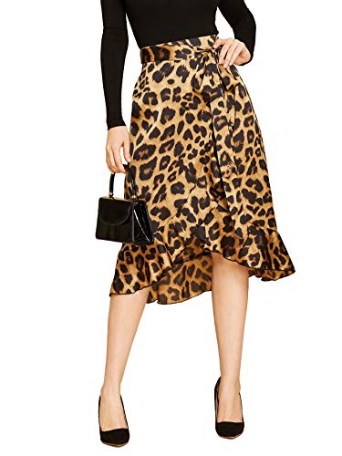 Leopard Print Ruffle Hem High Low Split A Line Midi Wrap Skirt
