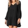 Amoretu Women's Deep V Neck Loose Shift Pleated Tunic Dress Long Sleeves Black S