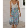 Women's Boho Floral Print Elastic High Waist Pleated A Line Midi Skirt