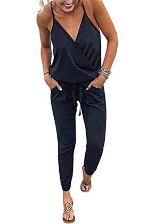 Spaghetti Strap Drawstring Waist Jumpsuit Romper with Pockets