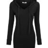 Long Sleeve Tunic Sweatshirt String Hoodie With Pocket Black
