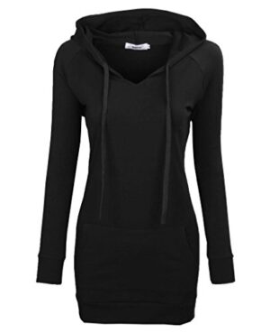 Long Sleeve Tunic Sweatshirt String Hoodie With Pocket Black