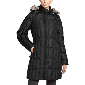 Black Eddie Bauer Lodge Down Parka for girls with water-repellent shell and 650 fill premium down insulation for warmth. 