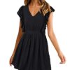 Women's Casual Summer V Neck Ruffle Sleeveless Stretchy