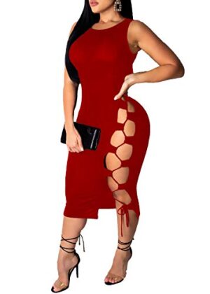 Bandage Lace Up Bodycon Mini Club Dress Red X-Large