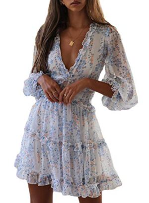 Sun Casual V Neckline Long Sleeve Open Back Floral Print