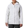 Columbia Arcadia II Jacket for women in white and flint gray – waterproof, breathable, plus-size rain jacket with adjustable features and packable design.