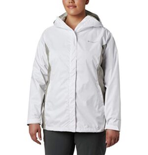 Columbia Arcadia II Jacket for women in white and flint gray – waterproof, breathable, plus-size rain jacket with adjustable features and packable design.