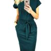 Ladies Basic Crewneck Short Belted Office Dress with Pockets