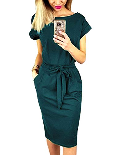 Ladies Basic Crewneck Short Belted Office Dress with Pockets