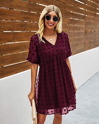 41vAa2tX49L Summer Ready with the Swiss Dot V-Neck Mini Dress - Short Sleeves, Flowy Ruffle Hemline