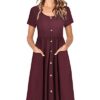 Long Sleeve V Neck Button Down Midi Skater Dress