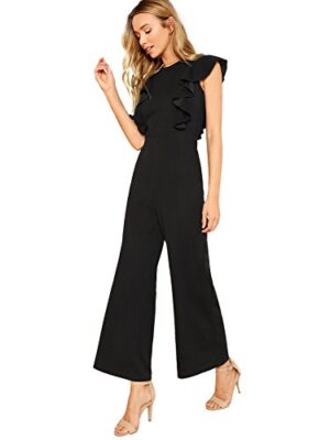 Sleeveless Ruffle Trim Wide Leg High Waist Long Jumpsuit