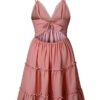Spaghetti Strap Bowknot Backless Sleeveless Lace Mini Swing Skater Dress Pink