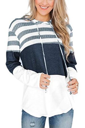 Casual women’s lightweight hoodie with a color block and striped print, featuring long sleeves and an attached hood for cozy cool-weather wear. 