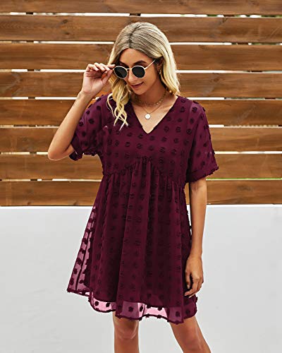 41zxpYsJVAL Summer Ready with the Swiss Dot V-Neck Mini Dress - Short Sleeves, Flowy Ruffle Hemline