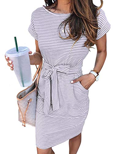 Summer Striped Short Sleeve T Shirt Dress Casual Tie Waist with Pockets