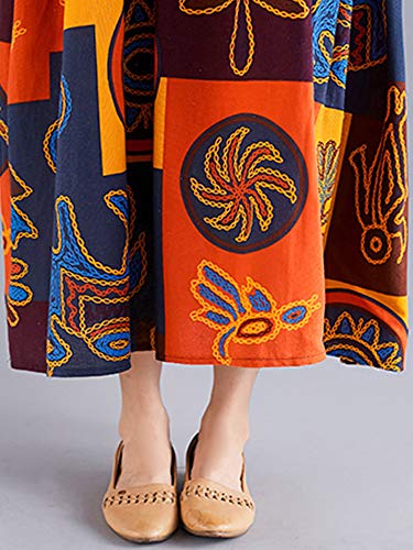 514P6SB+VVL Women Vintage Loose Dress Contrast Color Print Half Sleeves