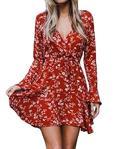 Women's Dress Floral Printed V-Neck Flare Long Sleeve Ruffle