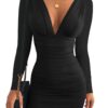 Women's Sexy Long Sleeve V Neck Ruched Bodycon Mini Party