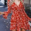 Women's Dress Floral Printed V-Neck Flare Long Sleeve