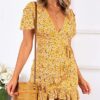 Summer Women Short Sleeve Print Dress V Neck Casual Short