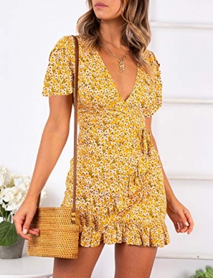 Summer Women Short Sleeve Print Dress V Neck Casual Short SALE ...
