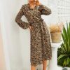 Midi Leopard Dress Stylish Long Sleeves High Waist