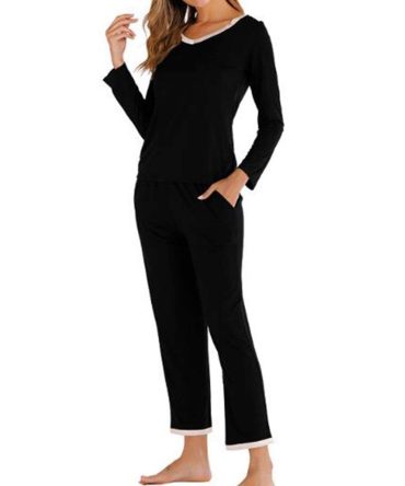 V-Neck solid Color Long Sleeve Pants Suit Pajamas Ladies