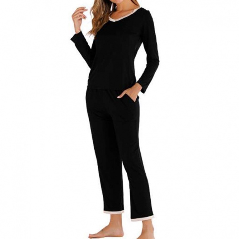 V-Neck solid Color Long Sleeve Pants Suit Pajamas Ladies
