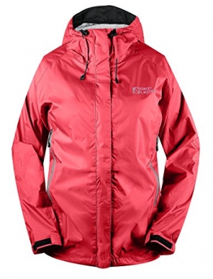 Pink Ledge Free Rein Parka with waterproof shell, adjustable hood, pit-zips for ventilation, and reflective logo, perfect for outdoor activities in rainy weather. 