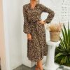 Midi Leopard Dress Stylish Long Sleeves High Waist