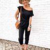 Solid Off Shoulder Elastic Waist Stretchy Long Romper Jumpsuit