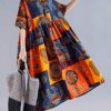 Women Vintage Loose Dress Contrast Color Print Half Sleeves
