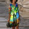 Women Shirt Dress Vintage Floral Print Knee Length