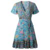 Bohemian Floral Print Ruffle Swing A Line Beach Mini Dress Green