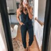 Spaghetti Strap Drawstring Waist Jumpsuit Romper with Pockets