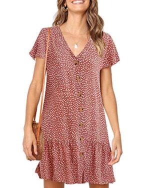 Neck Button Down Ruffles Loose Mini Short T-Shirt Dress