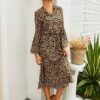 Midi Leopard Dress Stylish Long Sleeves High Waist