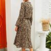 Midi Leopard Dress Stylish Long Sleeves High Waist