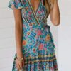 Bohemian Floral Print Ruffle Swing A Line Beach Mini Dress Green