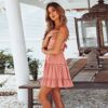Spaghetti Strap Bowknot Backless Sleeveless Lace Mini Swing Skater Dress Pink