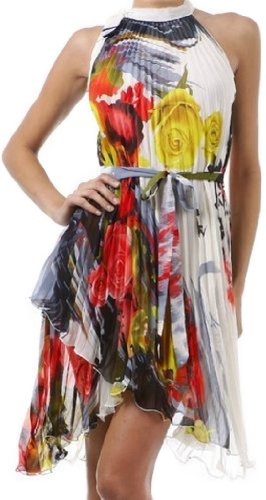 Hem Pleated Short Sleeveless Dress with Rose Design