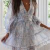 Sun Casual V Neckline Long Sleeve Open Back Floral Print