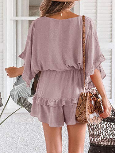 51Ze1xwJUYL V Neck Beach Romper Ruffle Layered Drawstring Waisted Shorts